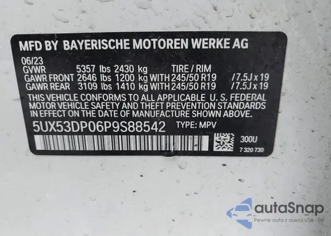 2023 BMW X3 xDrive30I из США, поврежденный, VIN 5UX53DP06P9S88542